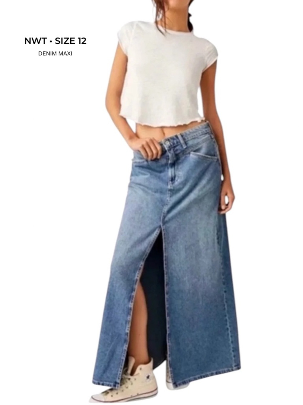 Free People Denim Maxi Skirt Size 12 NWT Come As You Are Mid Rise Blue - Picture 15 of 15